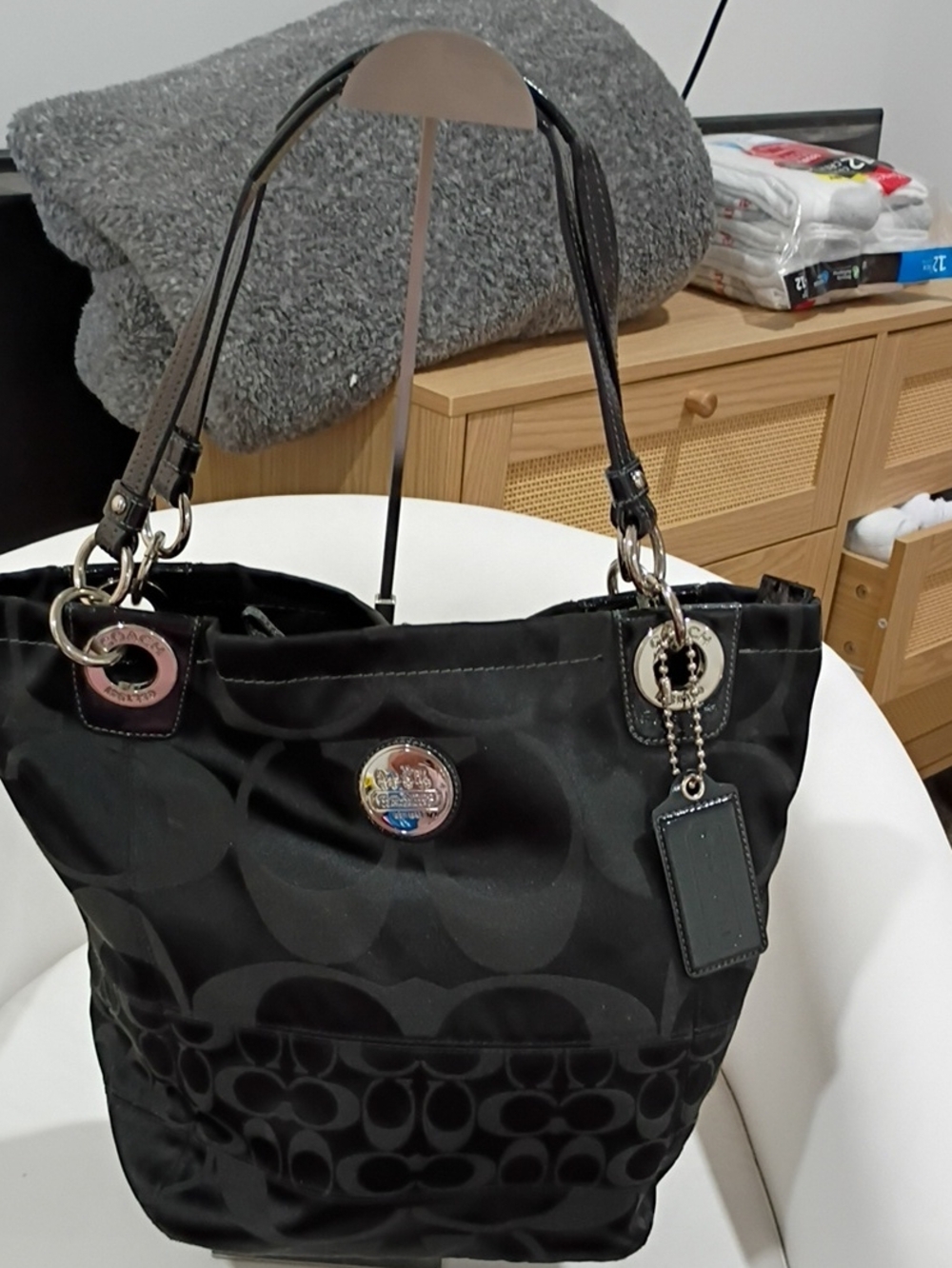 Coach Alex Signature Jacquard Sateen Tote Patent Leather Straps